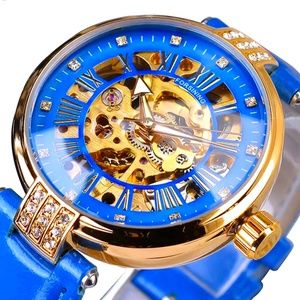 Forsining Womens Automatic Transparent Skeleton BLUE Leather Band Ladies Watch